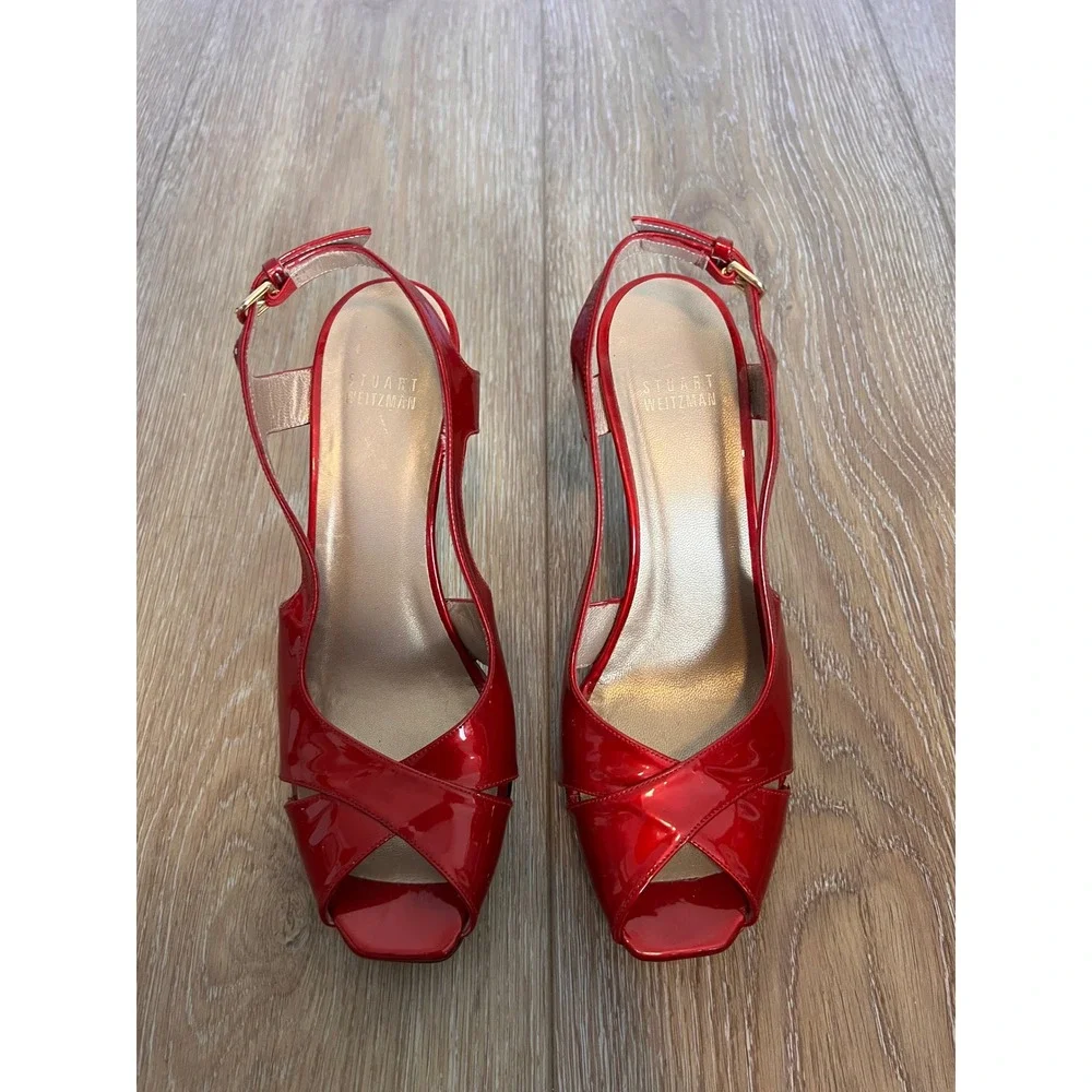 Stuart Weitzman Blenny Platform Heels Womens Size 7.5 Red Slingback Stud‎ Shoes - Picture 2 of 11